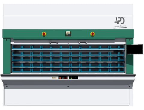 Industrial flatbed printer with green frame and blue printing surface, viewed from front
