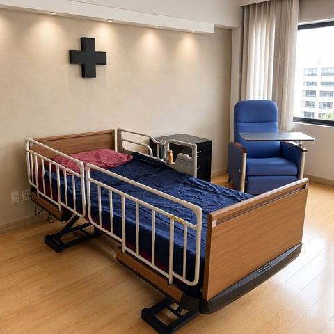 Medical patient bed with blue bedding and side rails in a hospital room with armchair and cross on wall