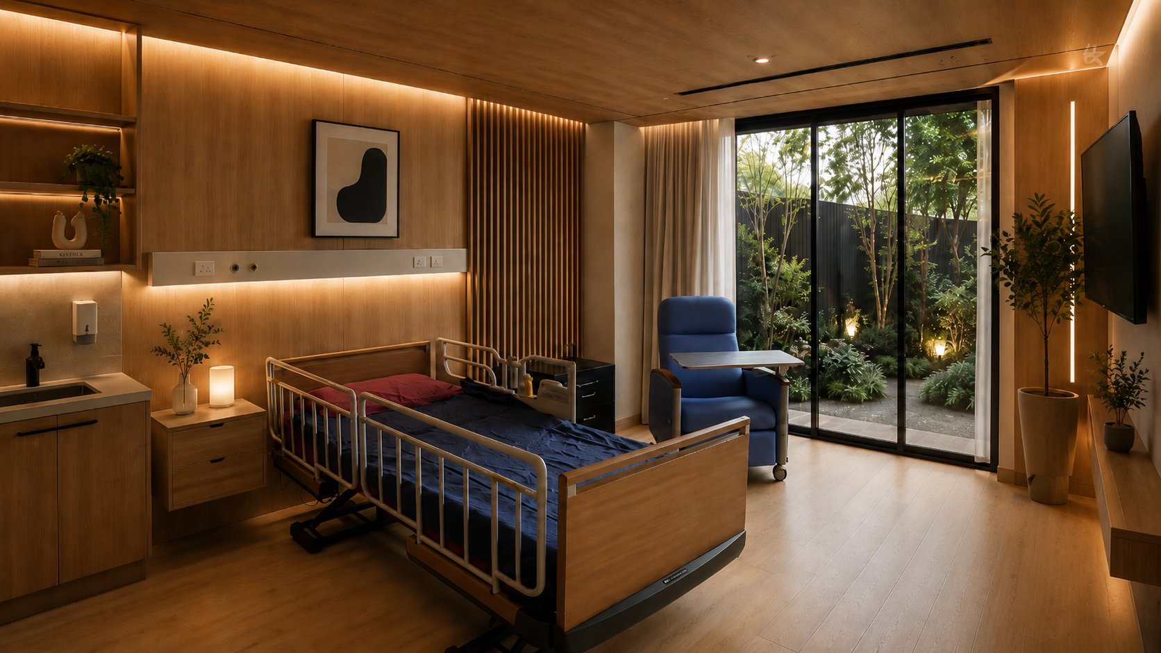 Modern hospital room with wooden accents, hospital bed with blue railings, comfortable seating area, and large windows overlooking nature