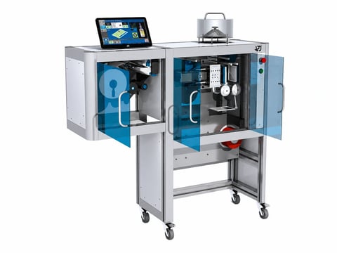 3D printer with blue interior, open doors revealing mechanical components, tablet display on top, and wheeled base