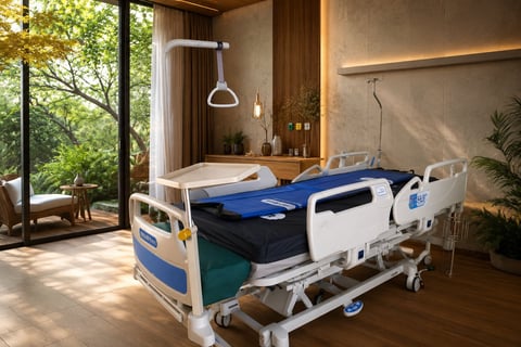 Modern hospital bed in a luxury medical room with large windows, warm lighting, and plants