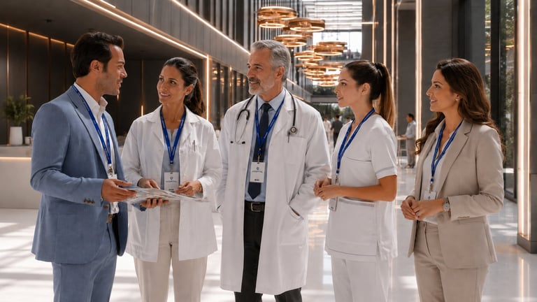 Medical professionals in scrubs and lab coats having a discussion in a modern hospital hallway