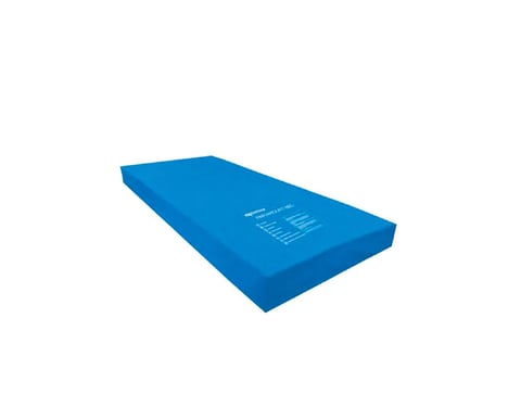 Blue foam exercise mat or yoga pad with white text printed on surface