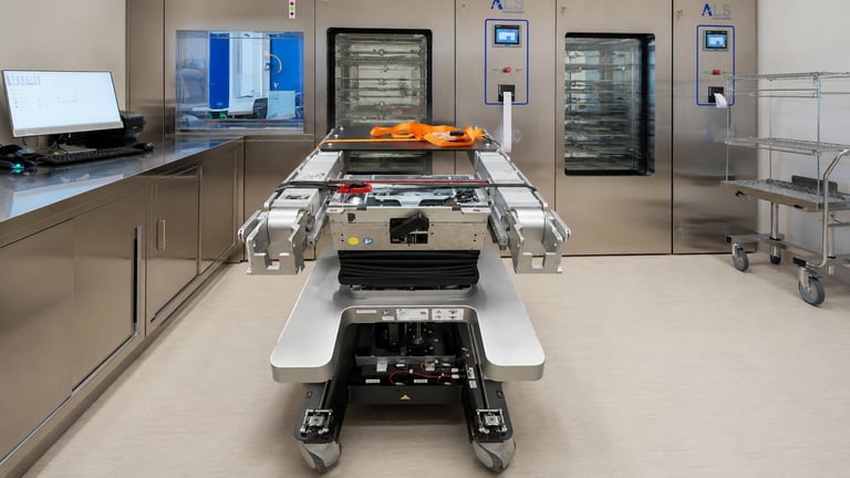 Laboratory equipment and conveyor system in a modern scientific facility with refrigerated storage units and computer workstation.