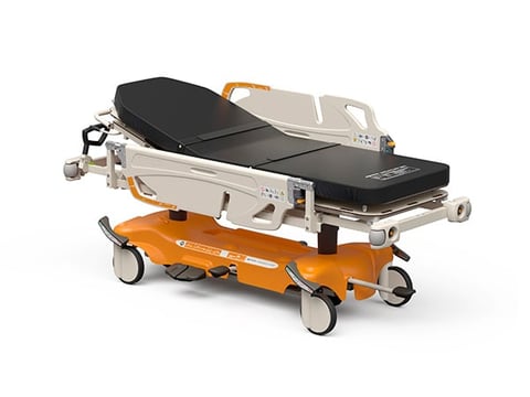 Medical hydraulic patient transport stretcher with adjustable frame, cream and black upholstery, mounted on orange base with wheels