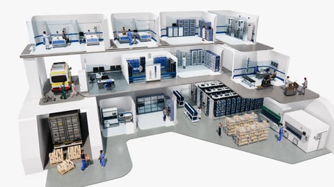3D cutaway illustration of a warehouse layout showing multiple storage sections, offices, and logistics operations with forklifts and shelving