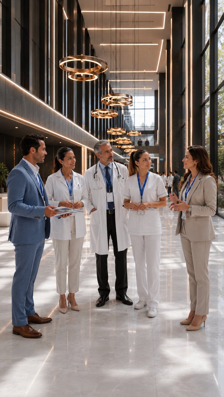 Healthcare professionals and businesspeople in modern hospital corridor wearing ID badges, discussing with modern lighting and architecture