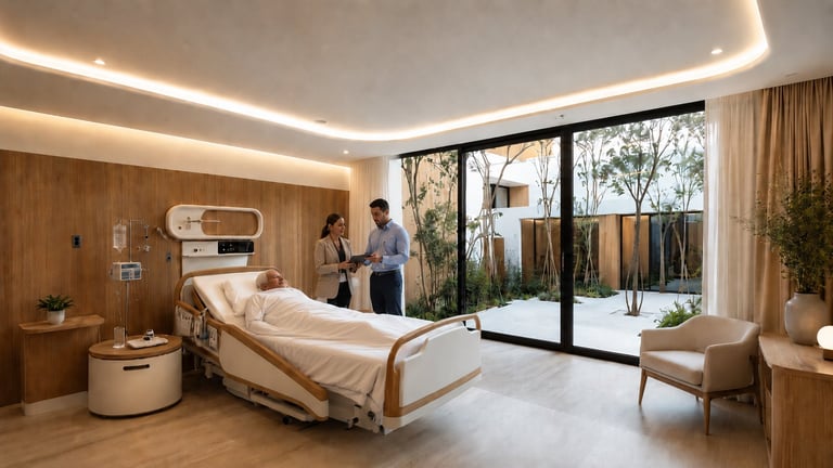 Modern luxury hospital room with an adjustable bed, warm wood accents, ceiling lighting, and large windows overlooking a garden courtyard
